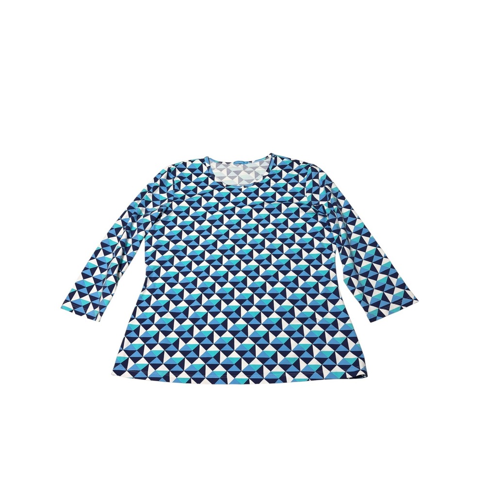 J.McLaughlin Women XL Blue Geometric Triangle Print 3/4 Sleeve Top Nylon Spandex